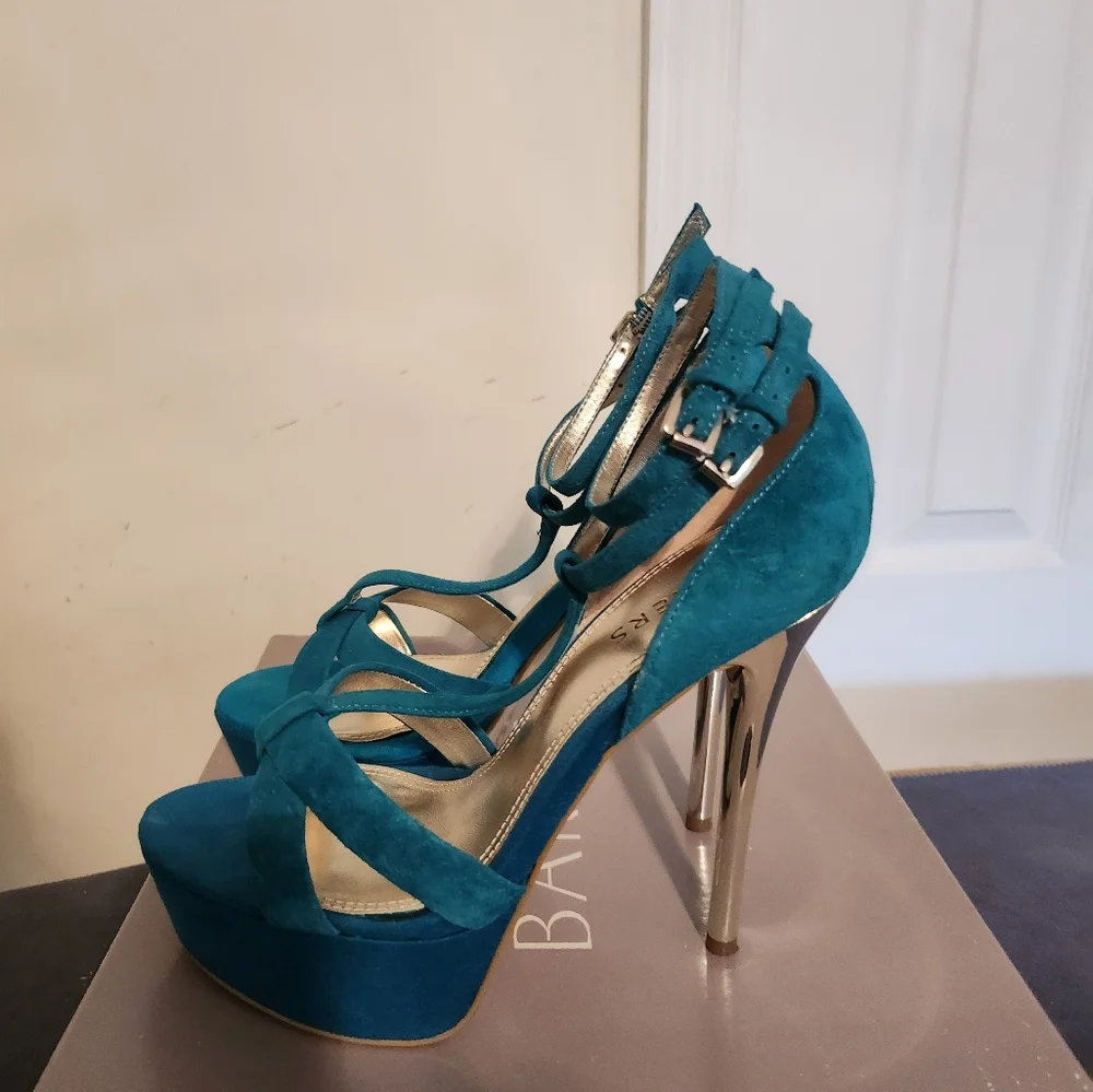 Teal Suede High Heel Sandal with Gold Heel - Picture 2 of 6